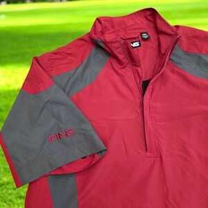 Ping Windbreaker Pullover Spellout Putter Man Red‎ Grey 1/4 Zip - M
